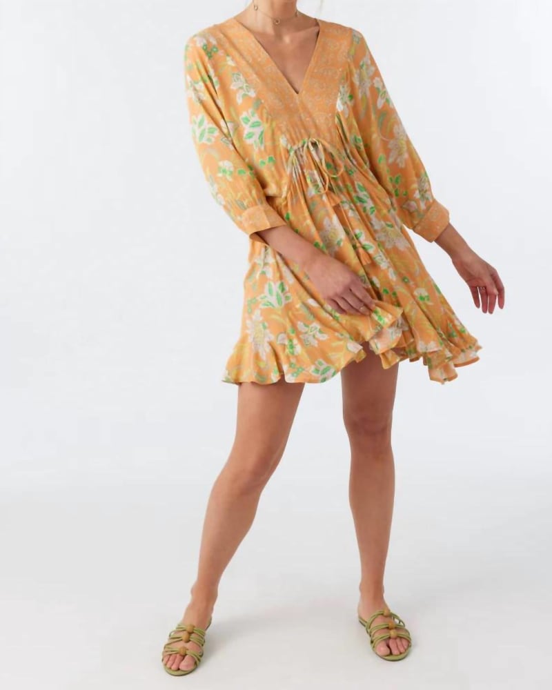 Front of a model wearing a size Large Joyce Dress In Tangerine in Tangerine by O'NEILL. | dia_product_style_image_id:346547